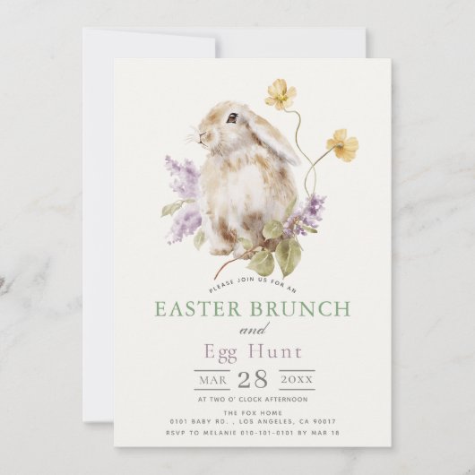 Lop Bunny Purple Lilac Floral Easter Brunch 招待状 (正面)