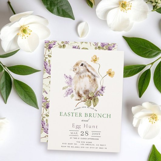 Lop Bunny Purple Lilac Floral Easter Brunch 招待状