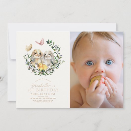 Lop Rabbit Bunny Butterfly 1st Birthday写真 招待状 (正面)