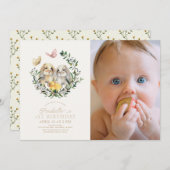 Lop Rabbit Bunny Butterfly 1st Birthday写真 招待状 (正面/裏面)