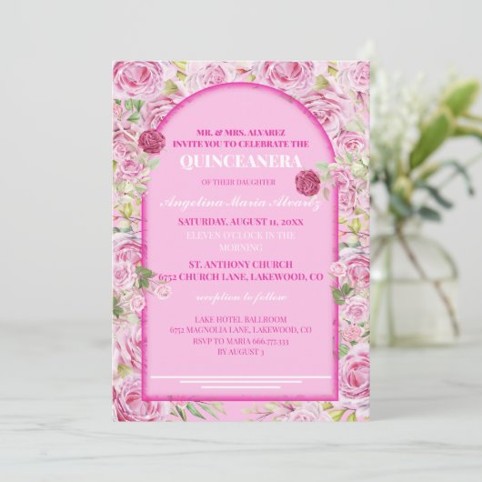 loral Rose Pink Quinceanera Invitation 招待状 (スタンド正面)