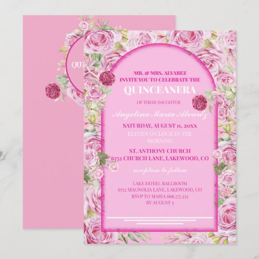 loral Rose Pink Quinceanera Invitation 招待状 (正面/裏面)