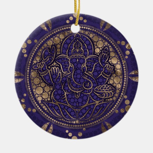 Lord Ganesha Dot Art Purples and金ゴールド セラミックオーナメント (正面)