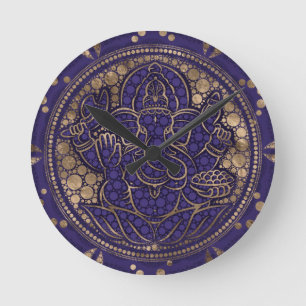 Lord Ganesha Dot Art Purples and金ゴールド ラウンド壁時計