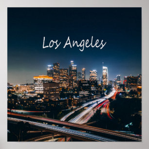 Los Angeles California City Skyline at night ポスター