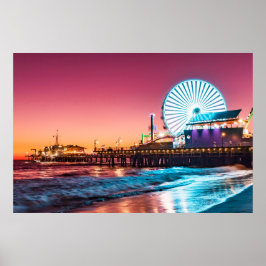 Los Angeles Pink & Blue Sunset Santa Monica Pier ポスター