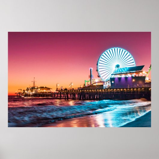 Los Angeles Pink & Blue Sunset Santa Monica Pier ポスター (正面)
