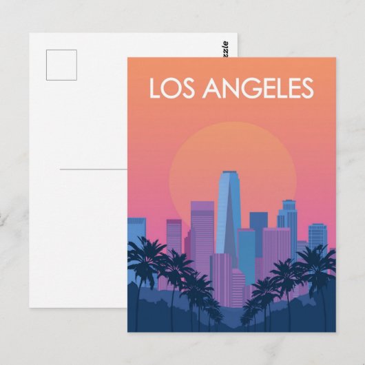 Los Angeles Skyline Sunset with Palm Trees ポストカード (正面/裏面)
