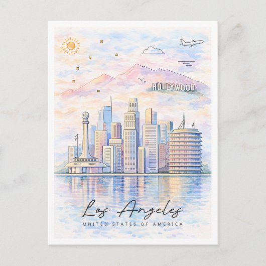 Los Angeles Skyline Watercolor | LA Travel シーズンポストカード (正面)