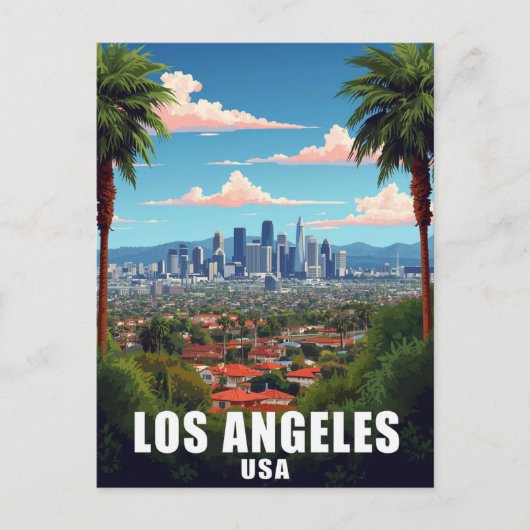 Los Angeles USA Skyline Palm Trees Travel ポストカード (正面)