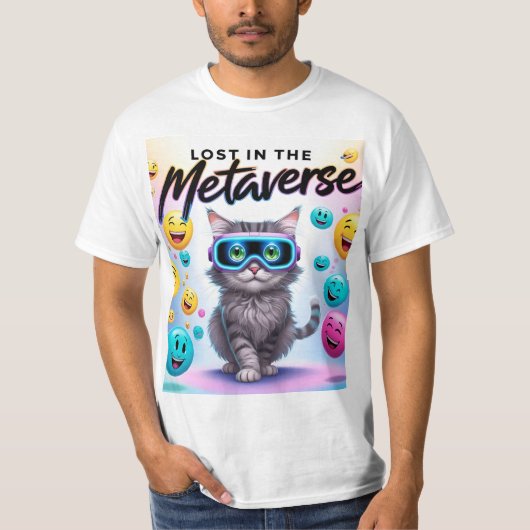 Lost in the Metaverse – Funny VR Cat Design Tシャツ (正面)