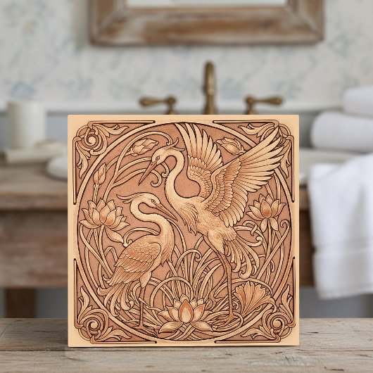 Lotus & Crane Art Nouveau Pat#8 Terra Cotta ID1193 タイル