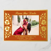 Lotus Flowerインディアン写真金ゴールドで日付を保存 箔招待状 (正面)