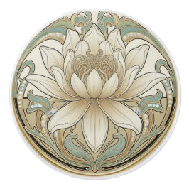 Lotus Flower Green Cream Gold Art Deco Nouveau セラミックノブ