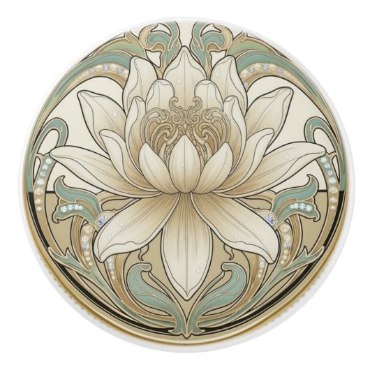 Lotus Flower Green Cream Gold Art Deco Nouveau セラミックノブ (正面)