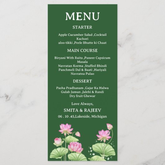 Lotus Flower Wedding Menu Card メニュー (正面)