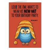Louieフクロウのおもしろいで新しい帽子のバースデー・カード (正面)