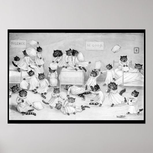 Louis Wain Cat Art Be Good cat pillow fight ポスター (正面)