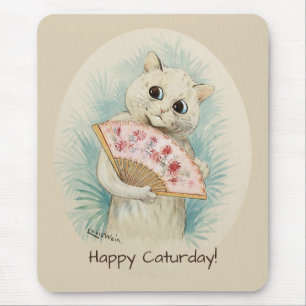 Louis Wain White cat with a fan CC0074 マウスパッド