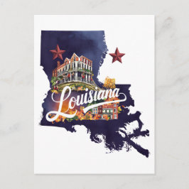 Louisiana USA State Shaped Vintage Watercolor ポストカード