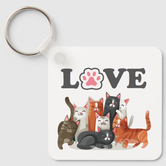 LOVEと可愛い猫の群れのイラスト キーホルダー (正面)