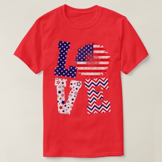 LOVEひまわり愛国心アメリカ国旗7月4日 Tシャツ (デザイン正面)