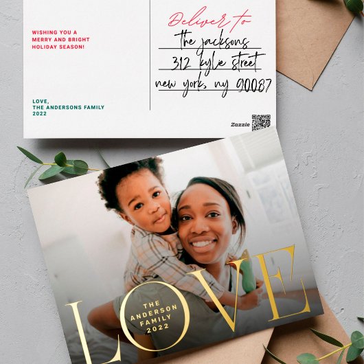 LOVEハッピーホリデー写真モダンメリークリスマス 箔シーズンポストカード