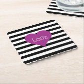 LOVEピンクハートブラック&ホワイトストライプパターン ペーパーコースター (アングル)