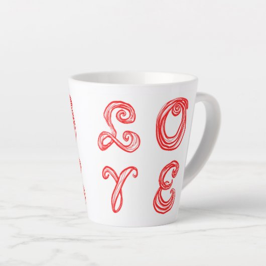 LOVEワードアートファブリックフォント赤い文字 カフェラテマグ (右アングル)