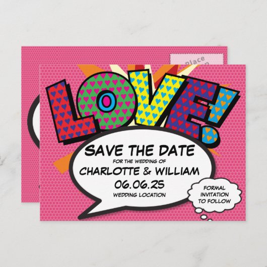 LOVE日付を保存おもしろいレトロ漫画ブックアーポップ・アートのト 案内ポストカード (正面/裏面)