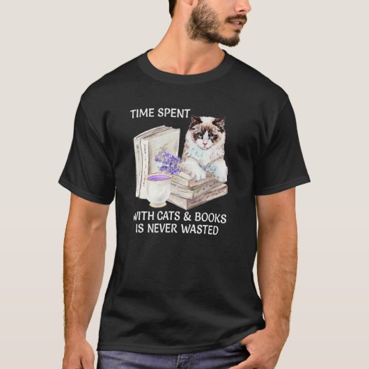 Love'読s Books and White Cats Water Color Art Tシャツ (正面)