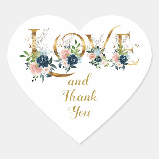 LOVE金ゴールドと水彩花模様ありがとう ハートシール (正面)