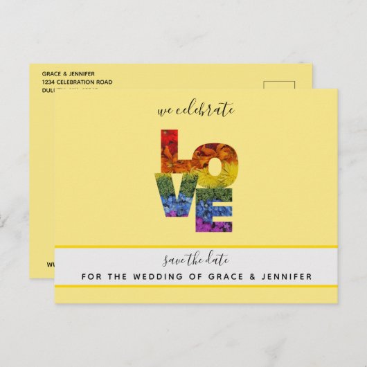 LOVE黄色をテーマにした同性の結婚式の日付を保存 ポストカード (正面/裏面)