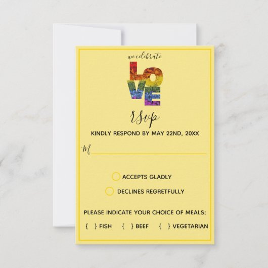 LOVE黄色をテーマにした花同性の結婚式RSVP C 出欠カード (正面)