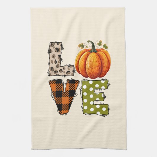 LOVE – かわいいカボチャ&水玉模様文字 キッチンタオル (縦)