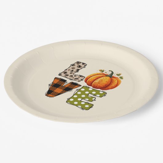 LOVE – かわいいカボチャ&水玉模様文字 ペーパープレート (アングル)