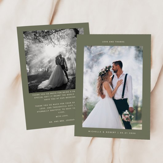 Love & 感謝してい Minimalistの写真結婚Sage Green サンキューカード