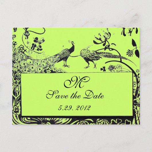 LOVE 結婚 BIRDS MONOGRAM白黒グリーン ポストカード (正面)