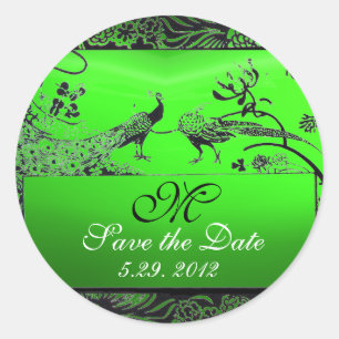 LOVE 結婚 BIRDS MONOGRAM白黒グリーン ラウンドシール