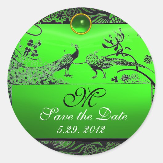 LOVE 結婚 BIRDS MONOGRAM白黒グリーン ラウンドシール (正面)