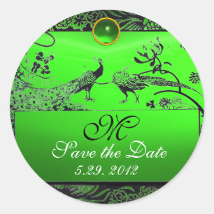 LOVE 結婚 BIRDS MONOGRAM白黒グリーン ラウンドシール