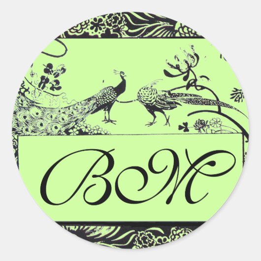 LOVE 結婚 BIRDS MONOGRAM,白黒グリーン ラウンドシール (正面)