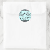 LOVE 結婚 BIRDS MONOGRAM,白黒ブルー ラウンドシール (バッグ)