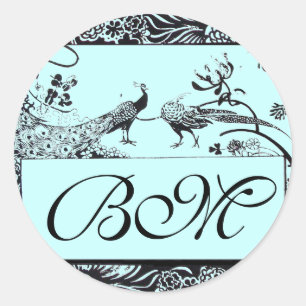 LOVE 結婚 BIRDS MONOGRAM,白黒ブルー ラウンドシール