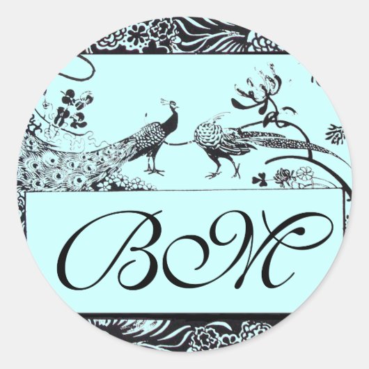 LOVE 結婚 BIRDS MONOGRAM,白黒ブルー ラウンドシール (正面)