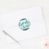 LOVE 結婚 BIRDS MONOGRAM,白黒ブルー ラウンドシール (封筒)