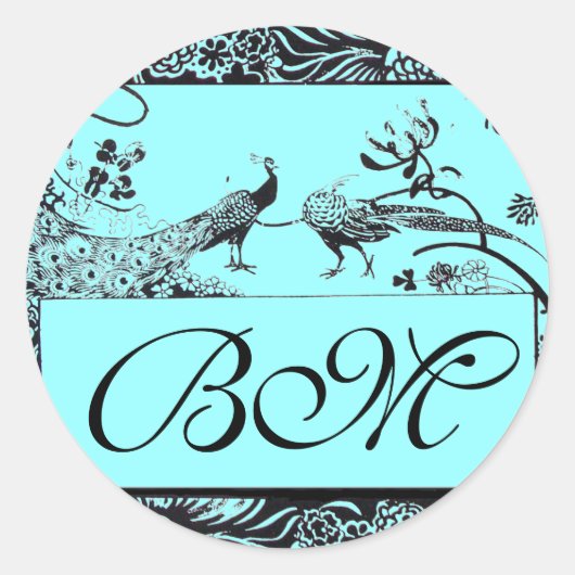 LOVE 結婚 BIRDS MONOGRAM,白黒ブルー ラウンドシール (正面)