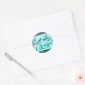 LOVE 結婚 BIRDS MONOGRAM,白黒ブルー ラウンドシール (封筒)