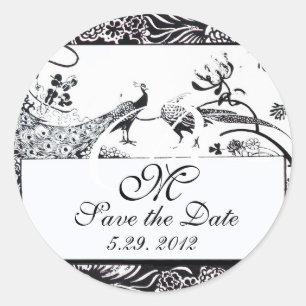 LOVE 結婚 BIRDS MONOGRAM,白黒 ラウンドシール