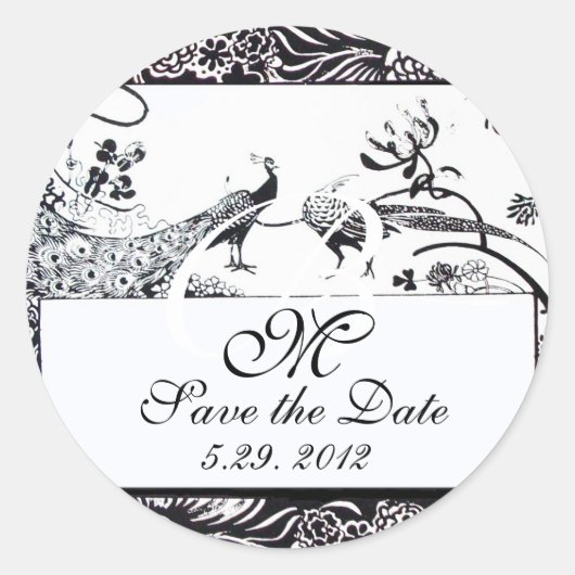 LOVE 結婚 BIRDS MONOGRAM,白黒 ラウンドシール (正面)